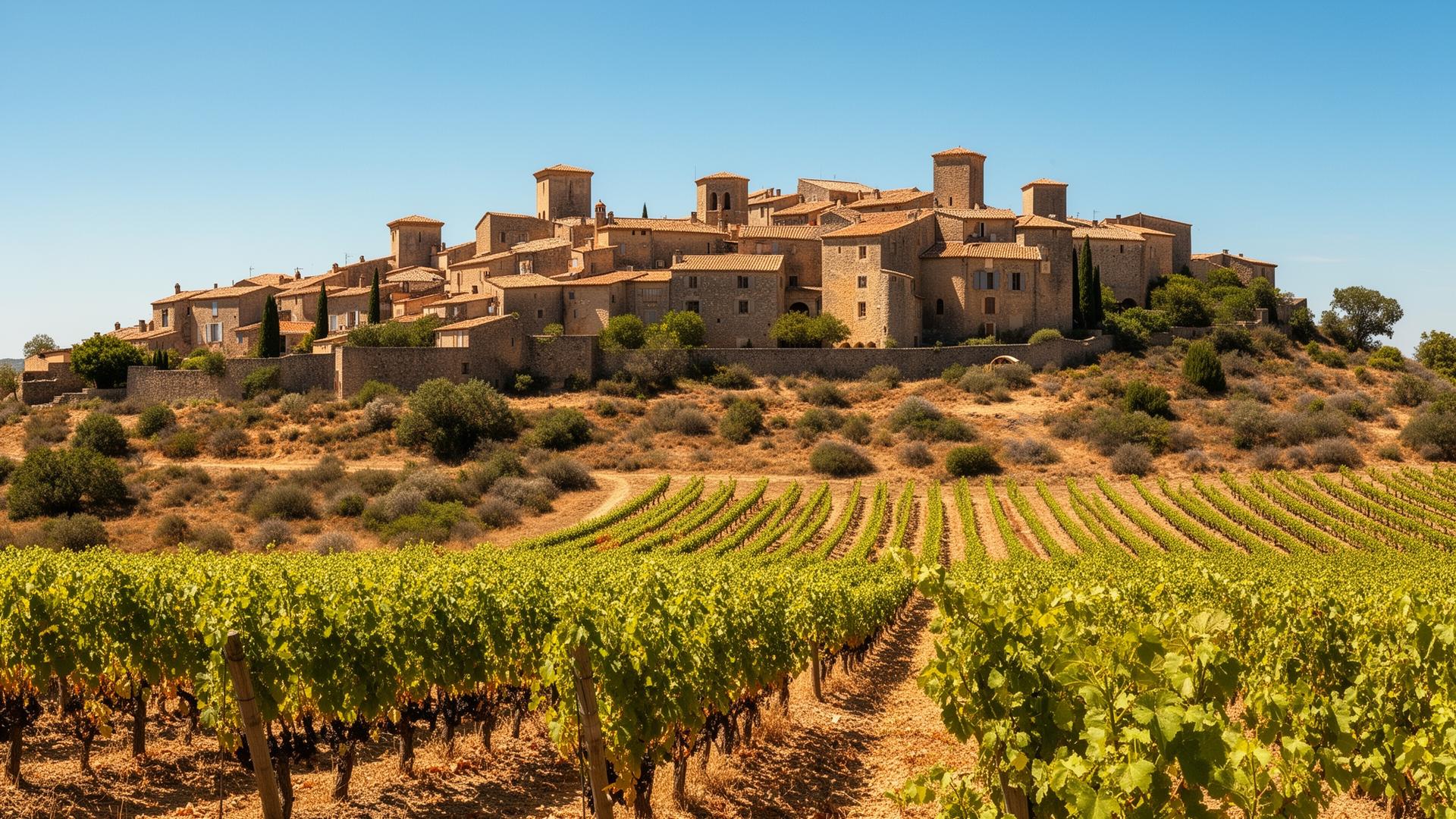 Zongerijpte wijngaarden in de Languedoc met middeleeuws dorp op de achtergrond