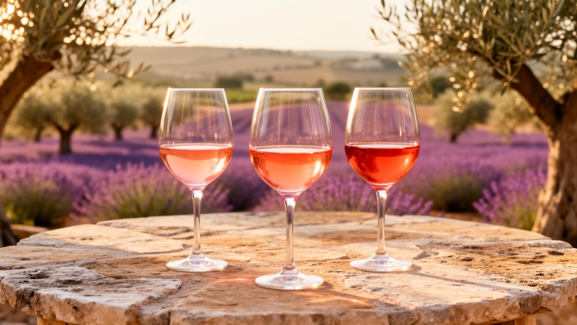 Drie glazen rosé wijn in verschillende tinten op een Mediterraans terras